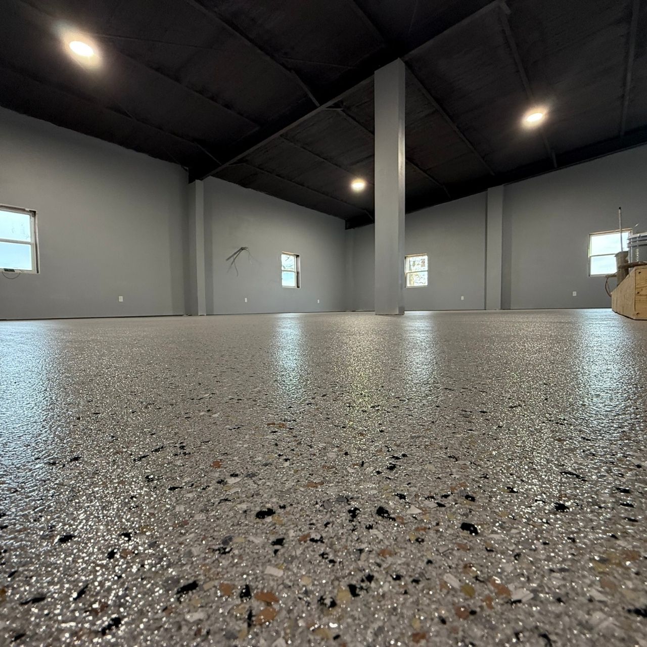 Full flake polyaspartic commercial floor coating Osage Beach MO β Shipp-Mates Epoxy of the Ozarks